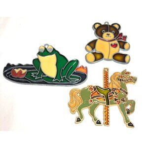 Vtg Set Of 3 Colorful Decorative Stained Glass Style Ornaments Frog Teddy Bear